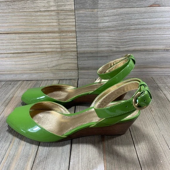 COACH Mackenzie Peep-Toe Wedges Green Gold Womens Size 6B Shoes - Picture 2 of 9